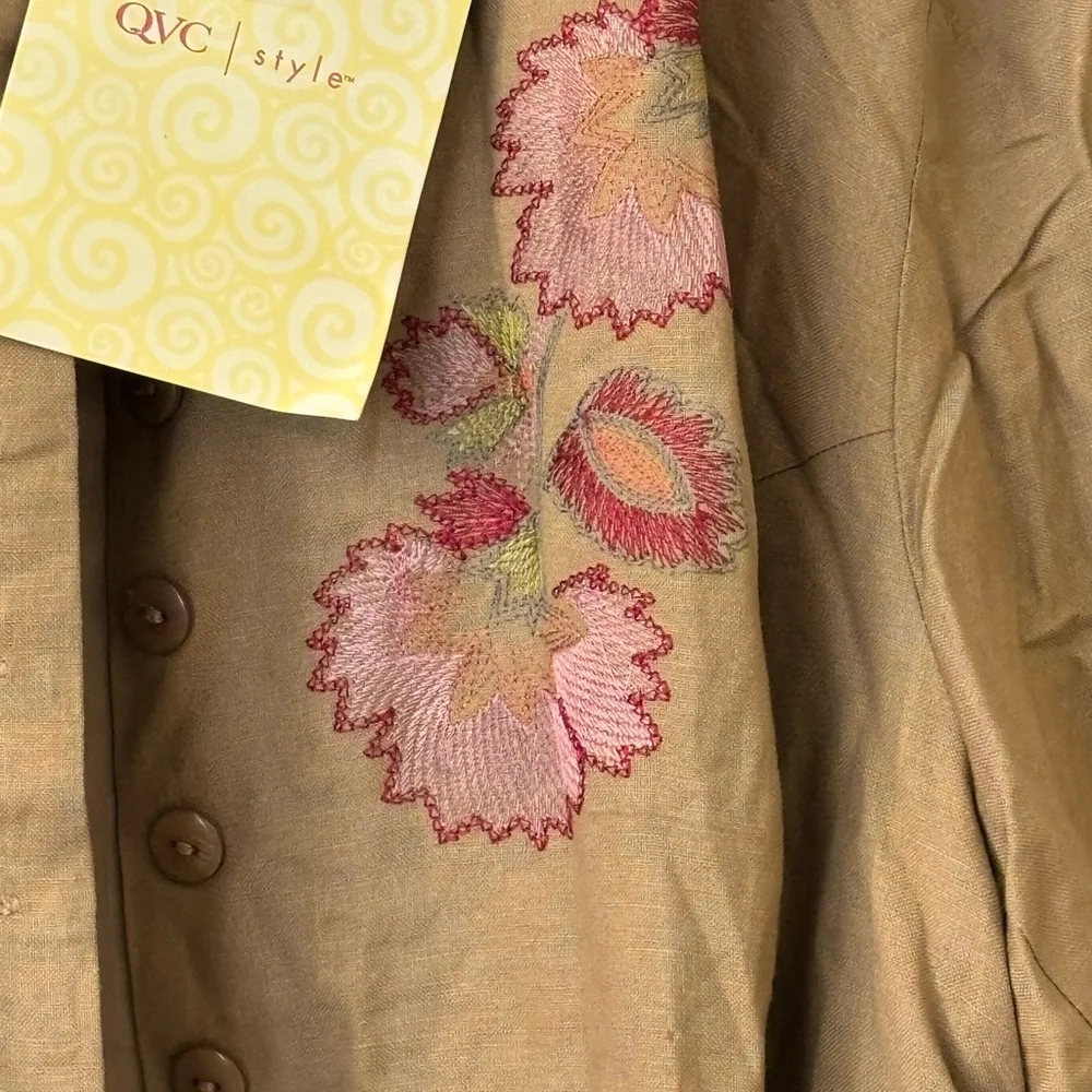 Dialogue Tan Button-Front Trench Coat with Pink Floral‎ Embroidery
